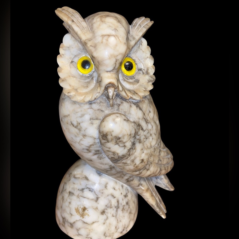 White Alabaster with brown veining hand cart Owl Sculpture with Yellow glassEyes